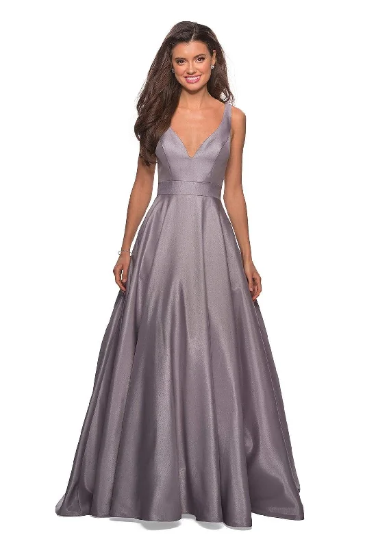 La Femme - Long Deep V-neck Mikado A-line Dress 27202SC - 1 pc Platinum In Size 4 Available Satin maxi dresses