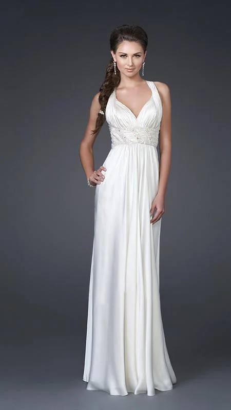 La Femme Sleeveless V Neck Ruched Long Dress 15418SC - 1 Pc Ivory in Size 12 Available Festival maxi dresses