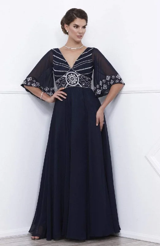 Nox Anabel 5147 Sheer Sleeve Beaded V-Neck Long Dress Anniversary maxi dresses