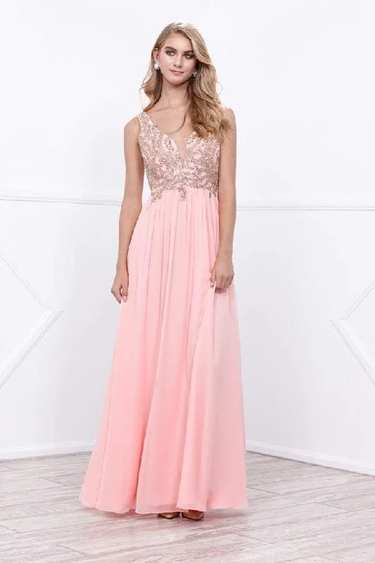 Nox Anabel Beaded V-Neck Illusion Long Dress in Bashful Pink 8343 Luxury maxi dresses