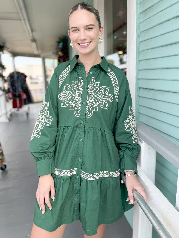 The Joanna Embroidered Long Sleeve Dress-Hunter Green High-end maxi dresses