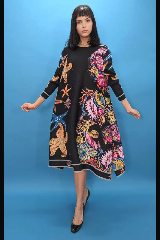 Long Sleeve Aquatic Print Midi Dress Wrap midi dresses