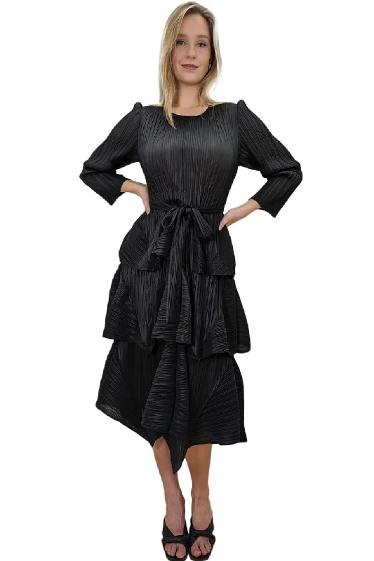 Long Sleeve Layered Wrap Belt Midi Dress Goth midi dresses