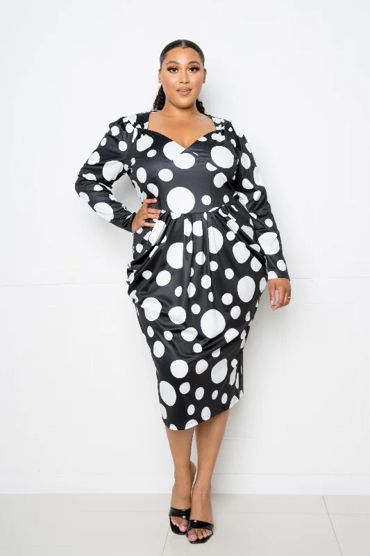 Plus Black Polka Dot Ruched Waist Midi Dress Silk midi dresses