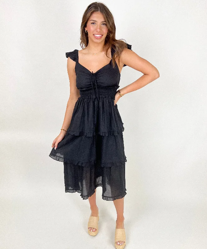 CHERISH THE MOMENT BLACK TIERED MIDI DRESS Formal midi dresses