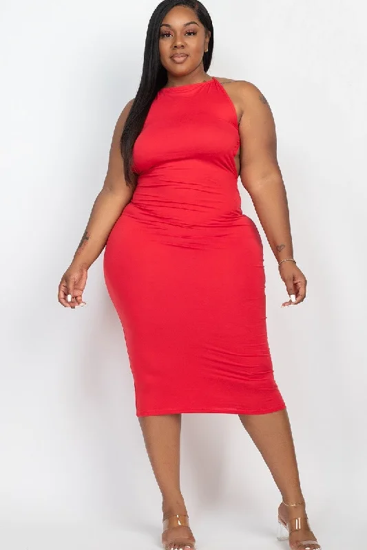 Plus Size Red Open Back Midi Dress Long sleeve midi dresses