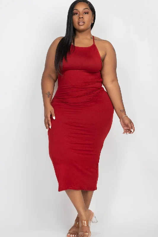 Plus Size Wine Open Back Midi Dress Sleeveless midi dresses