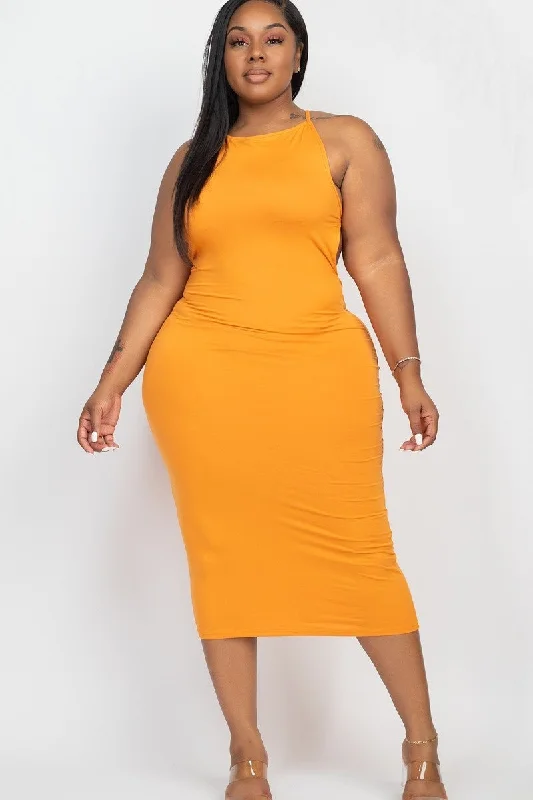 Plus Size Dark Mustard Open Back Midi Dress Cotton midi dresses