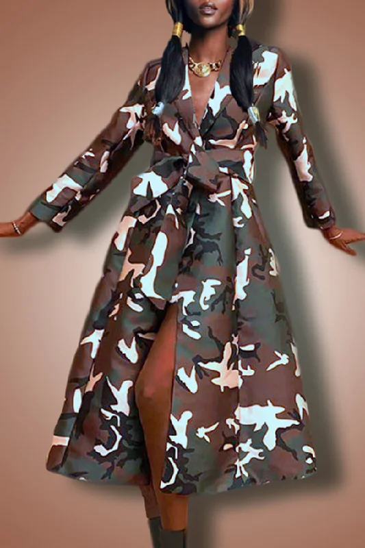 Long Sleeve Collared Camouflage Midi Dress H&M midi dresses