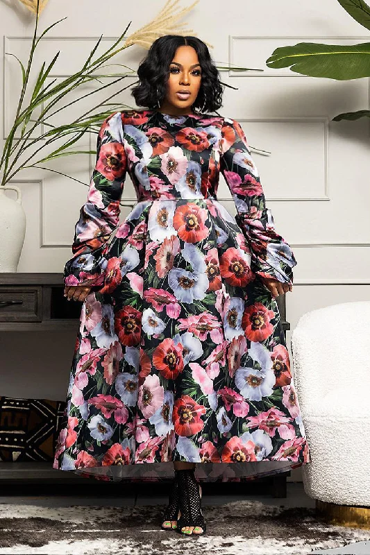 Long Sleeve Floral Print Pockets Wrap Belt Midi Dress Boohoo midi dresses