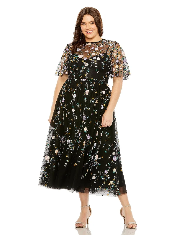 Mac Duggal 68638 Plus Size Sequin Floral Detail Midi Dress Sequin midi dresses