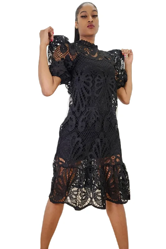 Short Sleeve High Neck Lace Midi Dress Discounted midi dresses