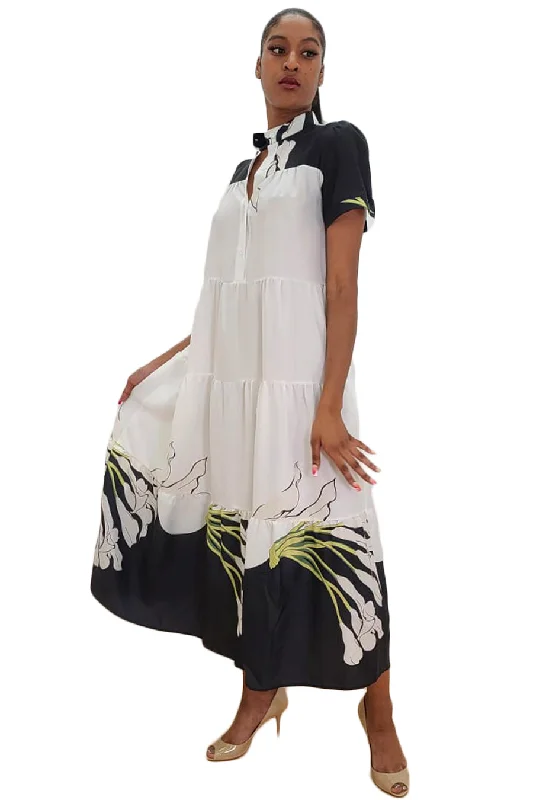 Short Sleeve Pockets Tiered Cotton Midi Dress Designer midi dresses