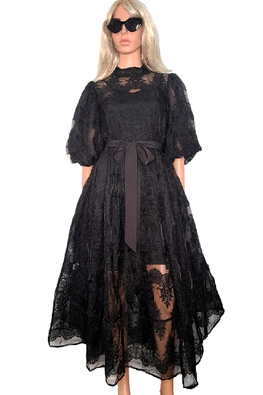 Short Sleeve Wrap Belt Lace Midi Dress High-end midi dresses