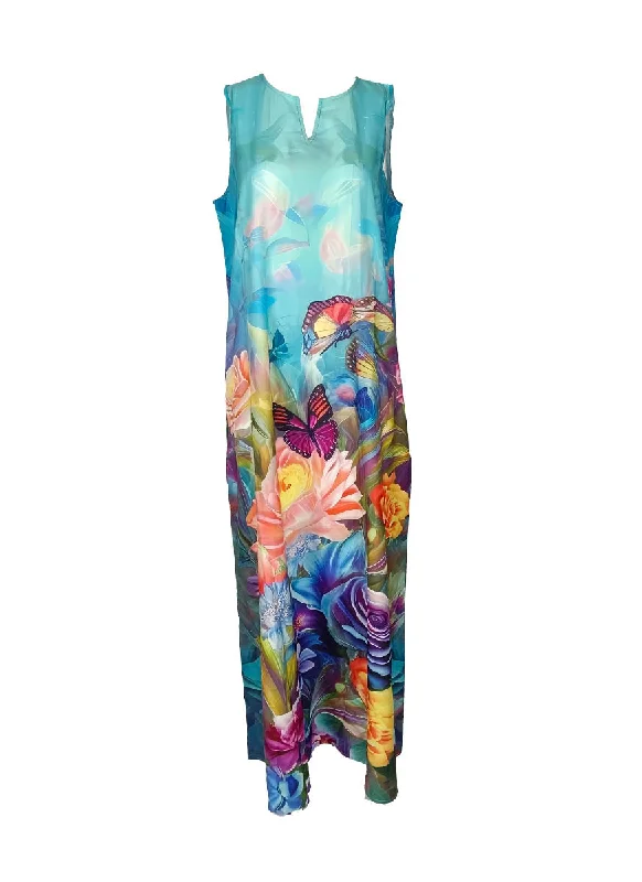 7240031 Floral Printed Sleeveless Long Dress *Blue Casual floral dresses