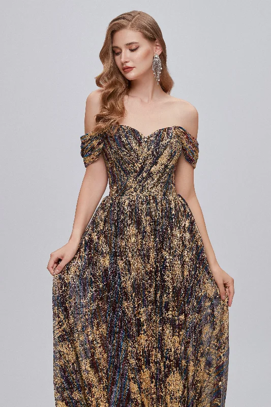 Black and Brown Floral Print Off-the-Shoulder A-Line Long Corset Prom Dress outfits Sexy floral print dresses