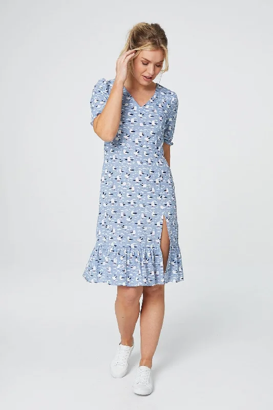 Bird Print Short Sleeve Tea Dress A-line floral dresses