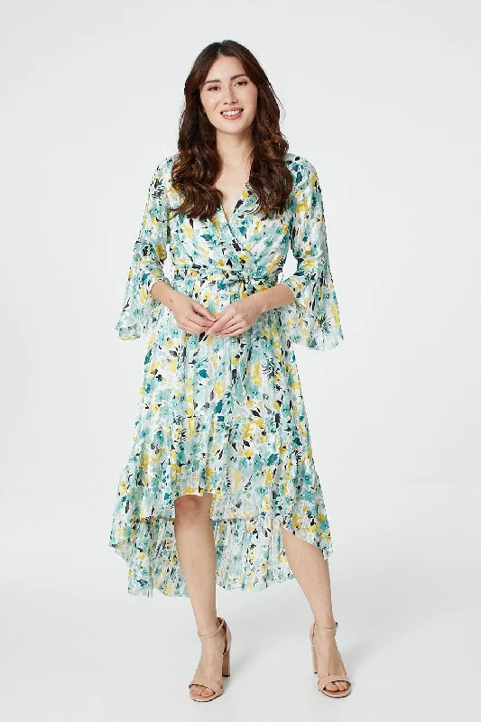 Floral 3/4 Sleeve Wrap Dress New Year's Eve floral dresses