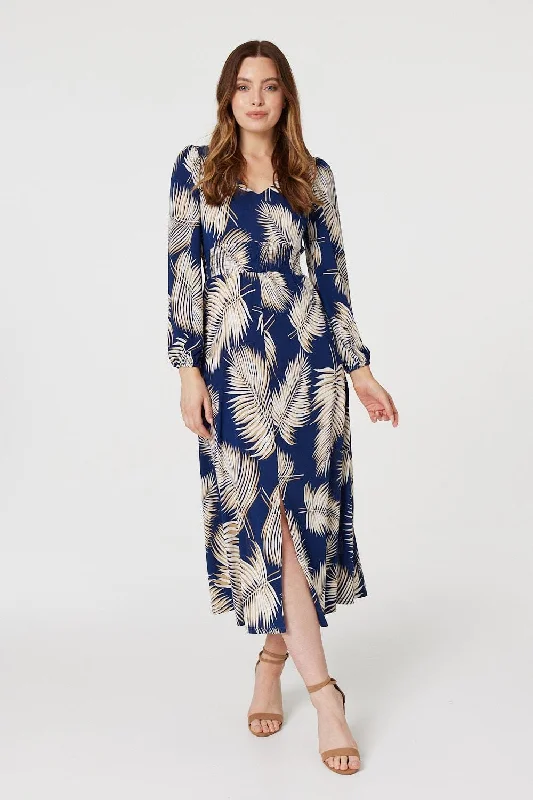 Feather Print Split Front Dress Spring floral dresses