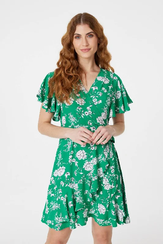 Floral Angel Sleeve Wrap Dress Designer floral dresses