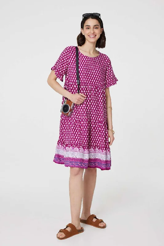 Printed Short Sleeve Tiered Smock Dress Outdoor floral dresses