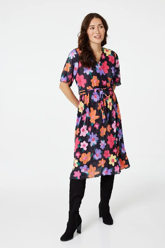 Floral Long Sleeve Pleated Dress Minimalist floral dresses