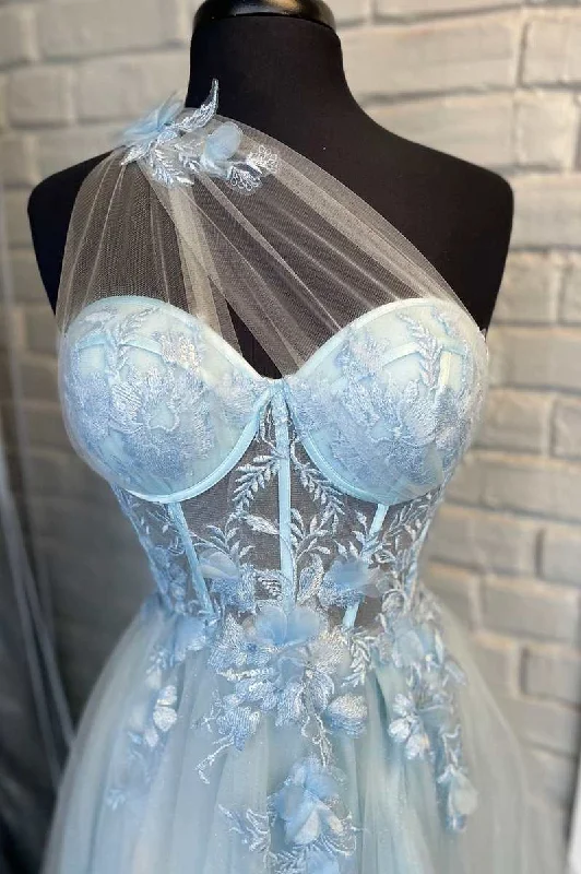 One-Shoulder Light Blue Tulle 3D Floral Lace A-Line Prom Dress Girls' floral dresses