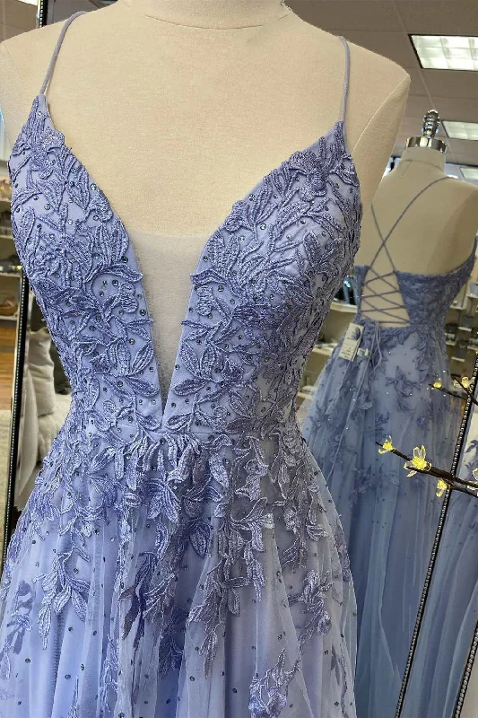 Periwinkle Floral Lace Plunge V A-Line Prom Dress with Slit Lightweight floral dresses for hot weather