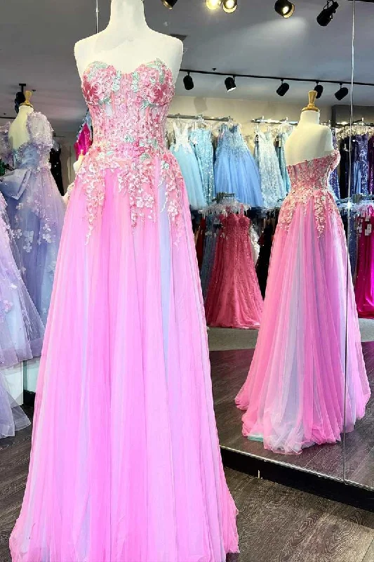 Pink Tulle Floral Appliques Sweetheart A-Line Prom Dress Comfortable floral dresses for everyday wear