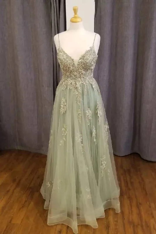 Sage Green Floral Appliques Straps A-Line Prom Dress Satin floral dresses