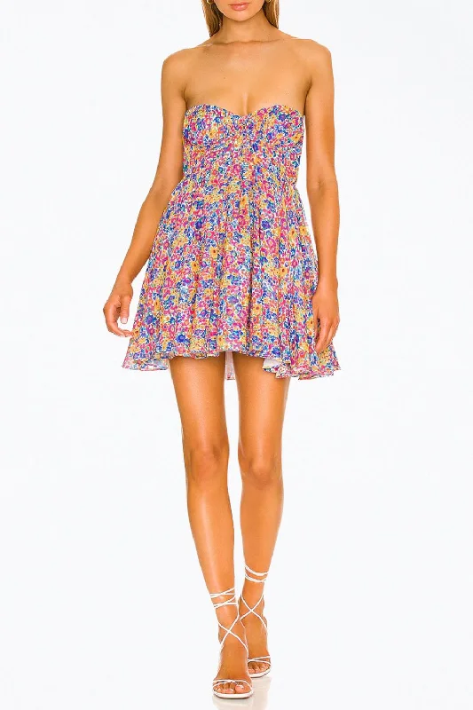 Sasha Floral-Print Strapless Bustier Mini Dress In Blue Fitted Mini Skirt