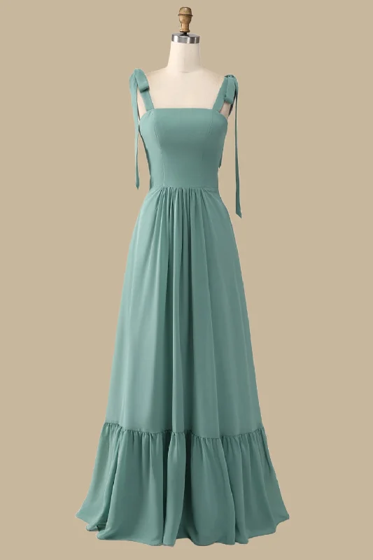 A-Line Green Maxi Dress with Bow Straps Layered Maxi Skirt