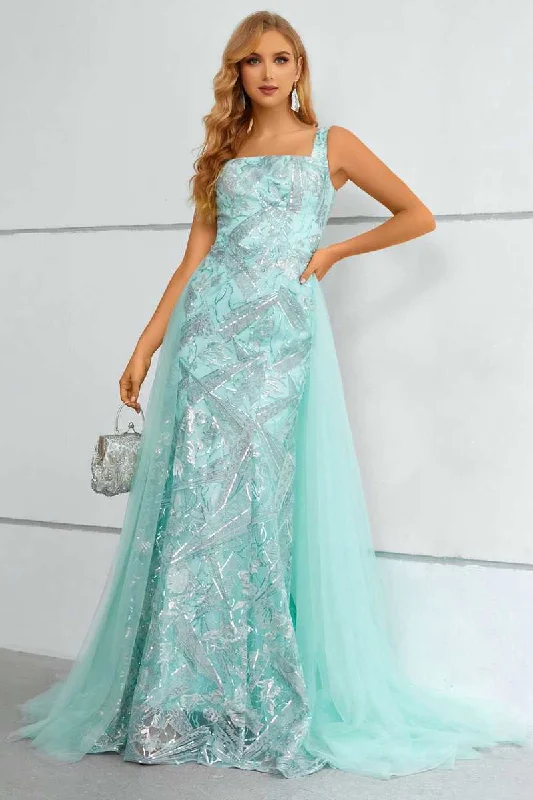 Aqua Square Neck Mermaid Long Prom Dress with Attached Train Floral A-line Skirt