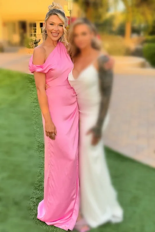 Asymmetrical Maxi Bridesmaid Dress with Slit in Pink Maxi Skirt Party