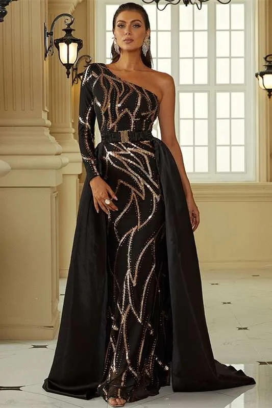 Black One-Sleeve Long Formal Dress with Attached Train Tulle Maxi Skirt