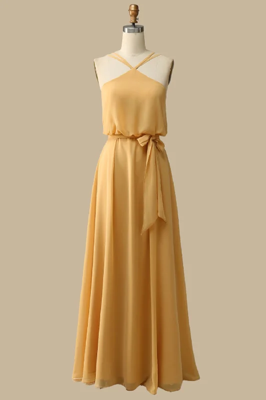 Blouson-Style Halter Chiffon Maxi Dress in Mustard Yellow Maxi Skirt Glam