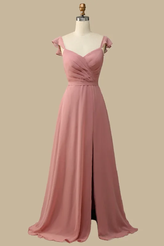 Dusty Rose Surplice Neck A-Line Chiffon Maxi Dress Front Slit Skirt