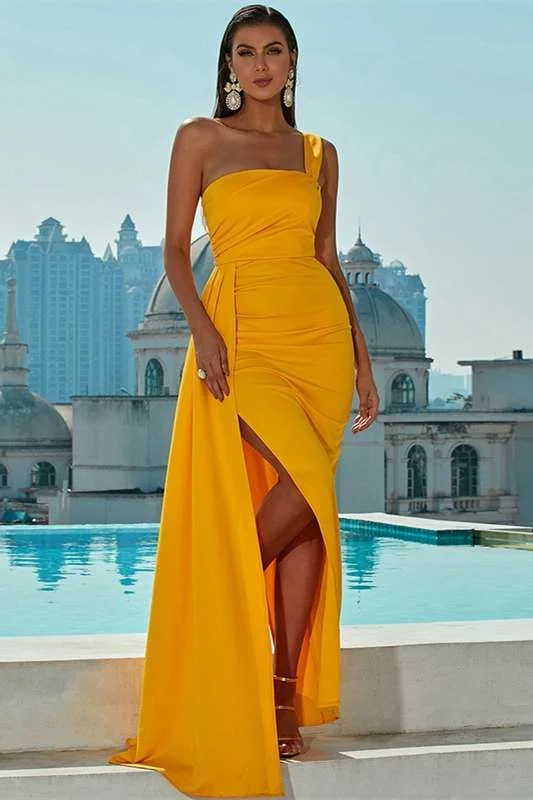 Elegant Yellow One-Shoulder Long Formal Dress with Attached Train Fitted Maxi Skirt