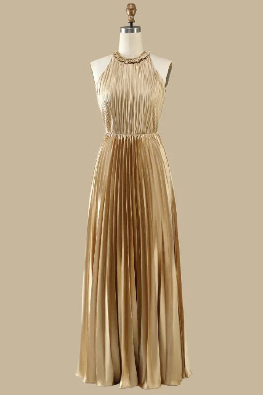 Gold Round Neck Ruffle Pleated Maxi Dress Bold Maxi Skirt