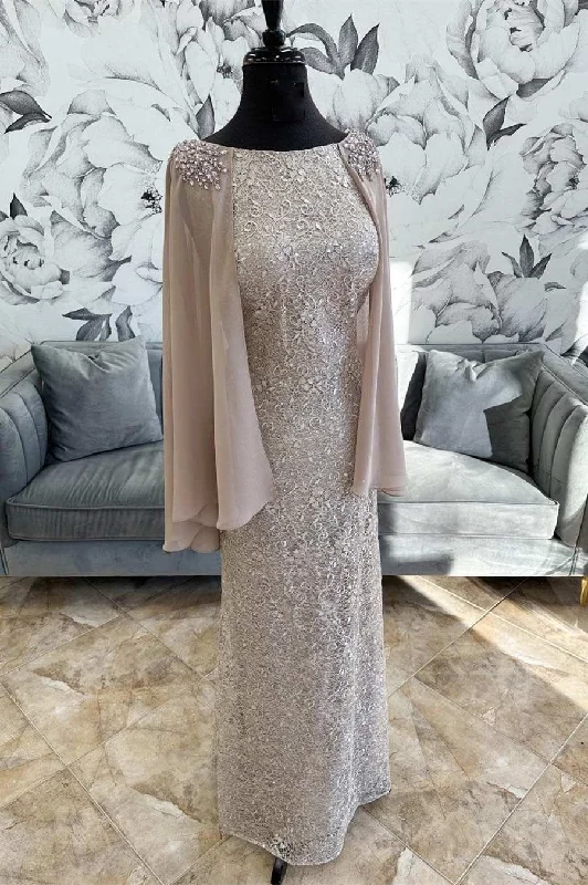 Gray Lace Round Neck Long Formal Dress with Cape Sleeves Long Boho Skirt