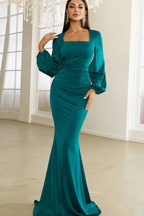 Green Square Neck Long Sleeve Mermaid Formal Gown Chic Maxi Dress