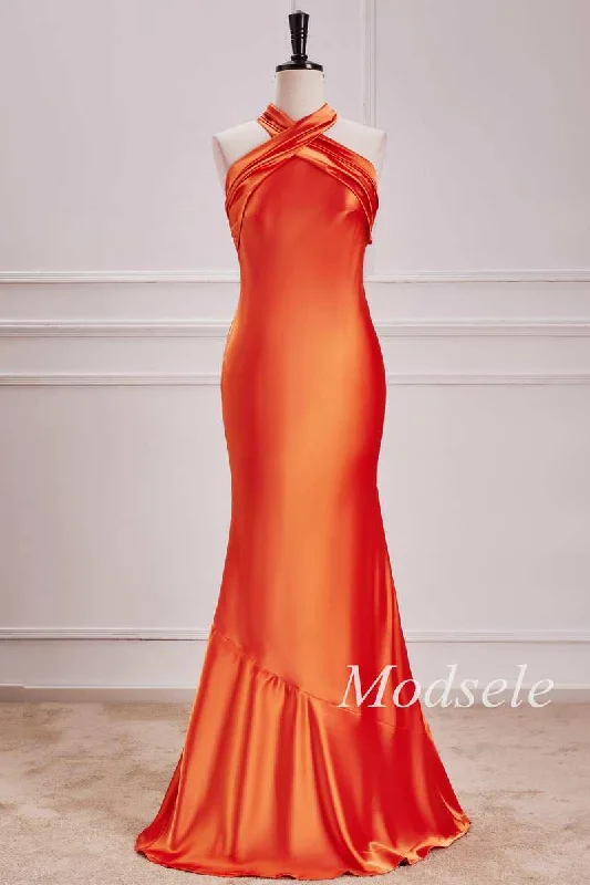 Halter Mermaid Maxi Dress in Burnt Orange Ruffle Long Maxi