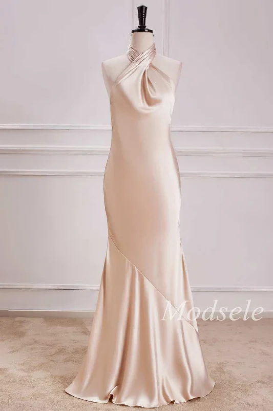 Halter Mermaid Maxi Dress in Champagne Full Maxi Skirt