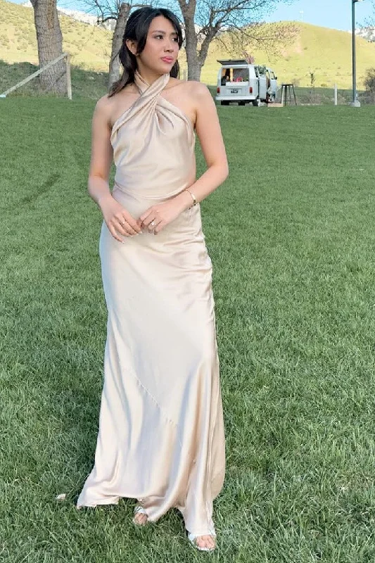 Hater Backless Long Bridesmaid Dress in Champagne Wrap Maxi Skirt