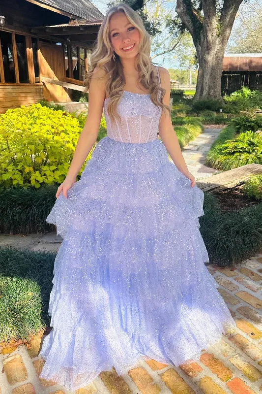 Lavender Tulle Sequin Ruffle Tiered Long Prom Dress Ruffle Maxi Skirt