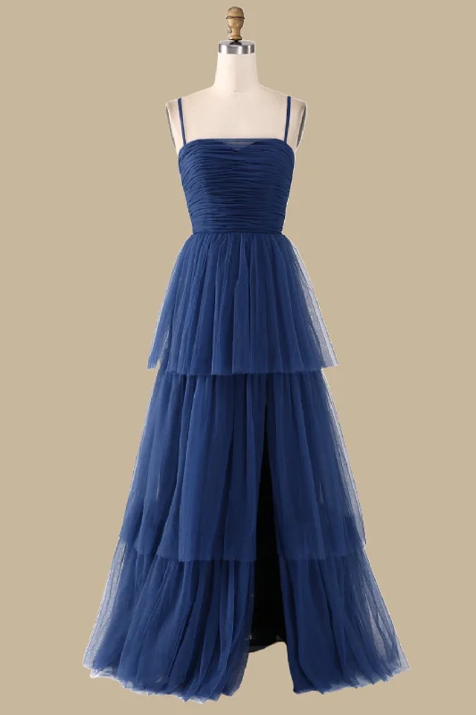 Navy Blue Spaghetti Strap Tiered Maxi Dress with Slit Sleek Maxi Skirt