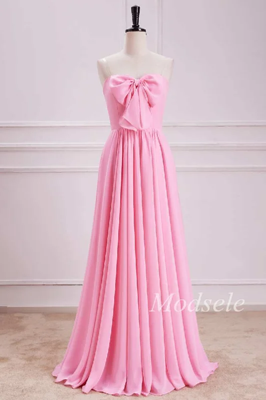 Strapless Bow Front A-Line Chiffon Maxi Dress in Pink Chic Maxi Skirt