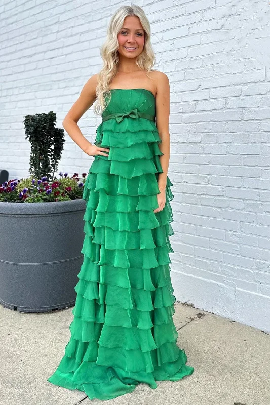 Strapless High-Waist Ruffle Tiered Long Prom Dress with Bow Cotton Maxi Skirt