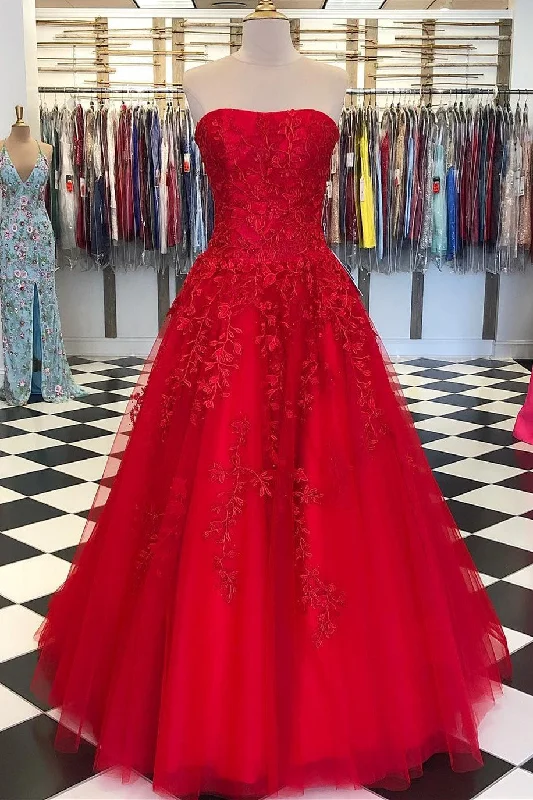 Strapless Red Lace Appliques Long Formal Gown Midi Maxi Skirt