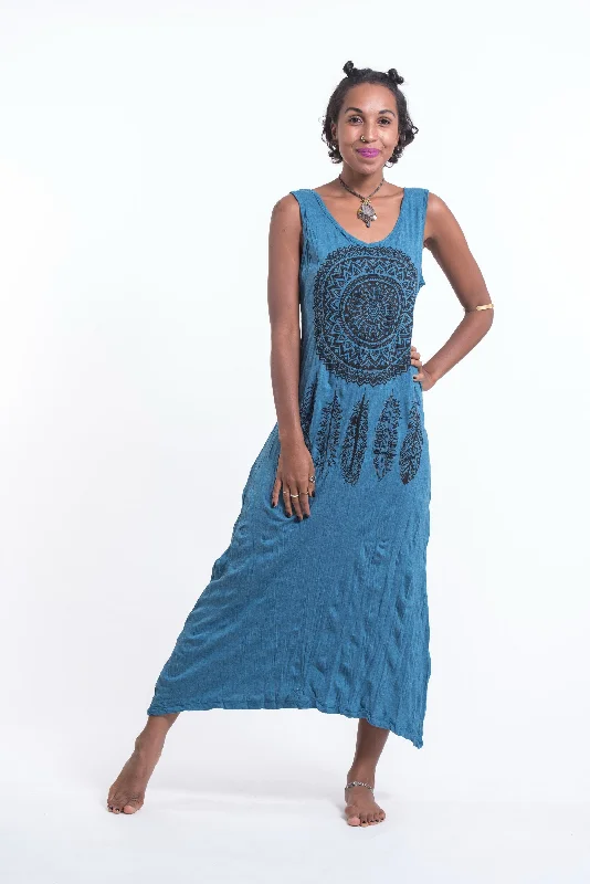 Womens Dreamcatcher Long Tank Dress in Denim Blue Black Maxi Skirt